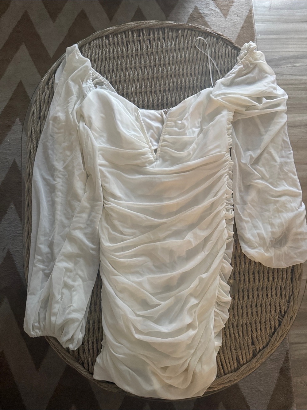 White Ruched Puff-Sleeve Mini Dress